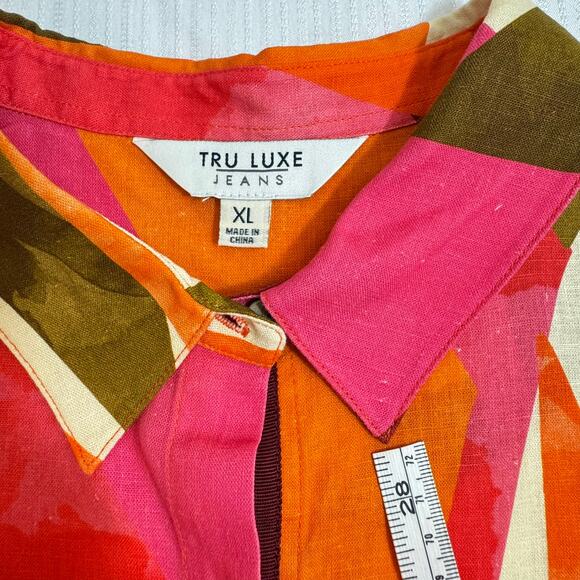 Tru Luxe Jeans XL Linen Blend Blouse NWT Abstract Colorblock Artsy Top - Picture 3 of 11